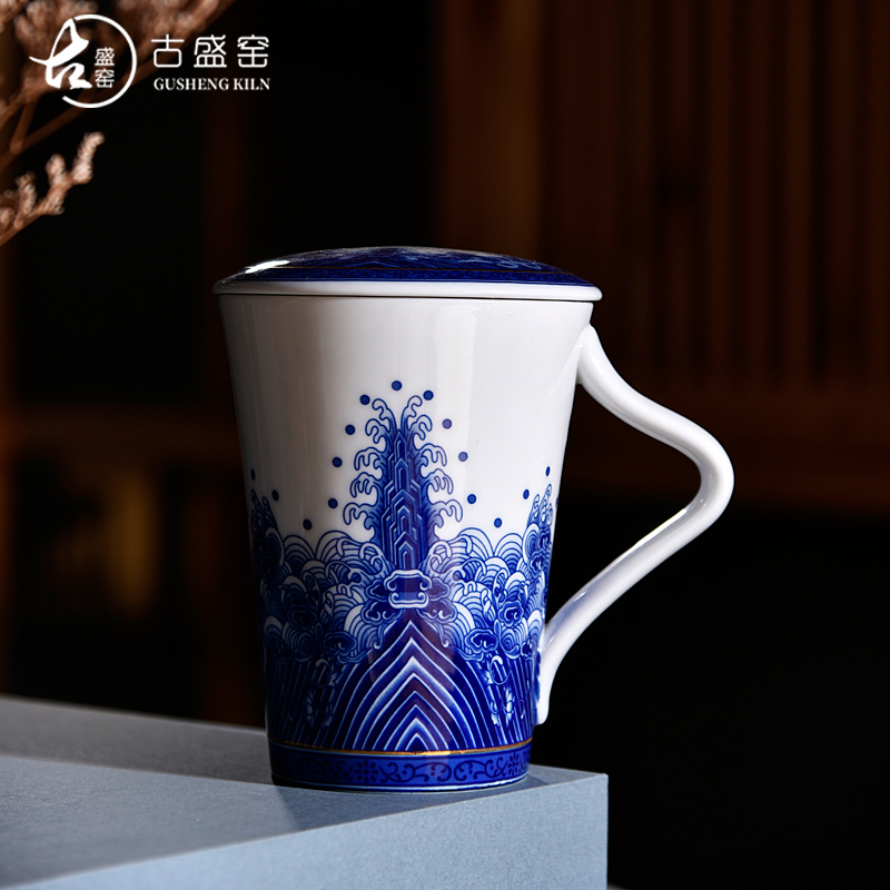 Ancient sheng up new office sea blue and white porcelain cup business ceramic cup with cover large capacity single glass with the cup