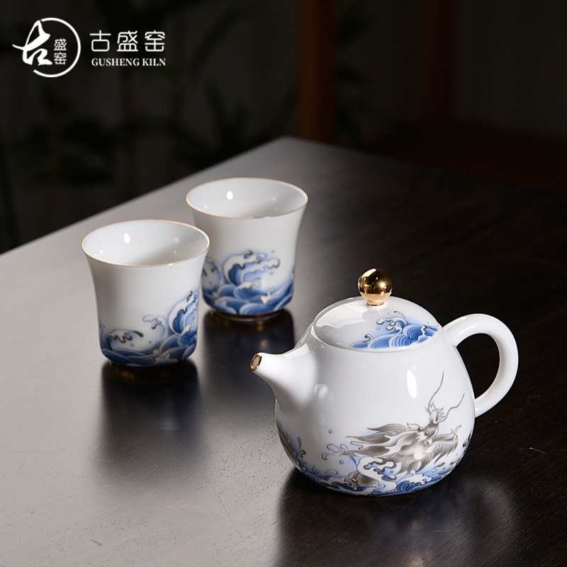 Ancient sheng put out to sea blue and white dragon up enamel now pot two cup teapot cup tea home tea tureen tea pot