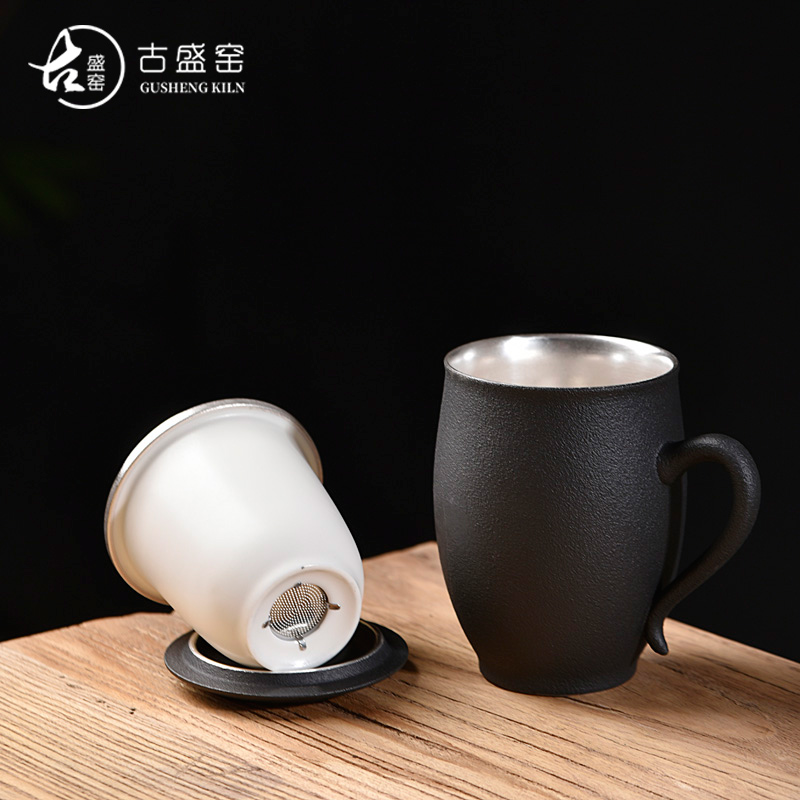 Ancient silver glass office cup coppering. As sheng up master cup single cup large cups with cover filter glass ceramic tea cup