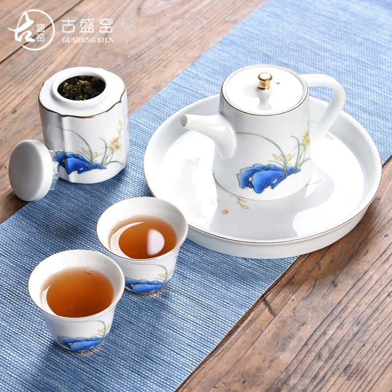 Ancient sheng up 2 new suet jade porcelain tea set ceramic dry mercifully two cups of tea, a pot of tea