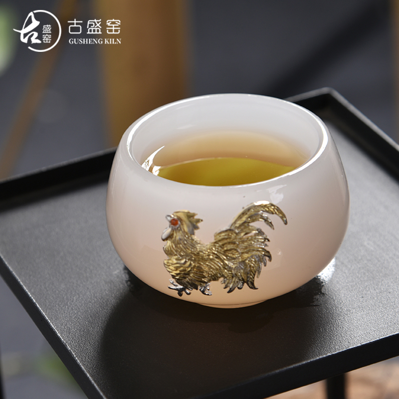 Ancient sheng up new sterling silver 99 lotus jade porcelain inlay silver master cup white porcelain of the jade sample tea cup whitebait cup single CPU