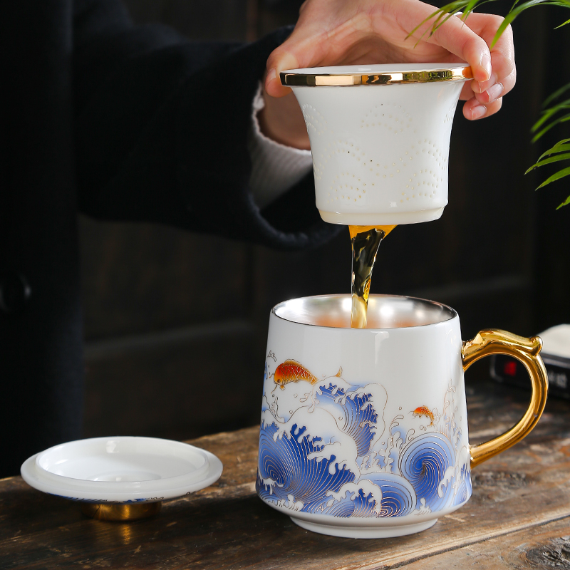 The meeting office cup tea cup with cover glass ceramic separation filter boss factory custom men make tea cup