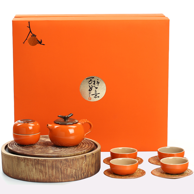 A Live chicken in persimmon persimmon tea set suit household ceramics by hand is the best holiday gift box of the teapot teacup set of kung fu