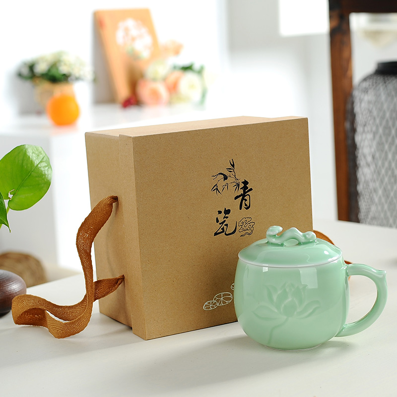 Tang Yan lane mark cup cup ceramic tea cup celadon office cup with cover cup ultimately responds a cup of gift boxes