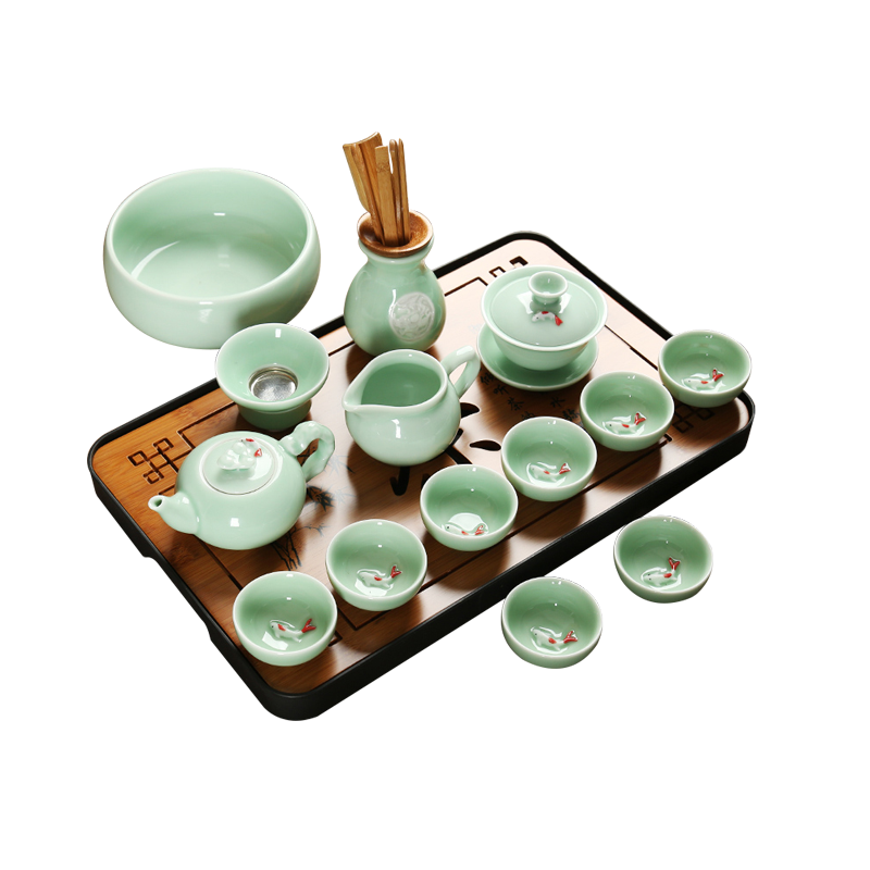 Home a whole set of kung fu tea set simple office ceramic teapot new celadon carp GaiWanCha cups