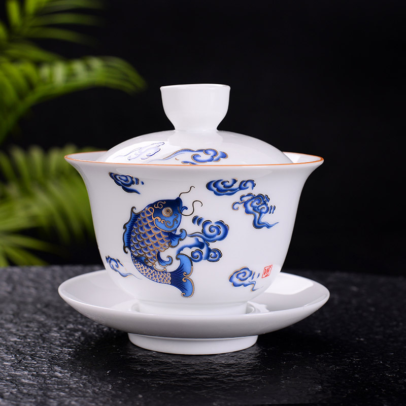 Jingdezhen Tang Yan fang xuan wen tureen of blue and white porcelain ceramic worship three only a cup of sweet white glazed bowl kung fu tea cups