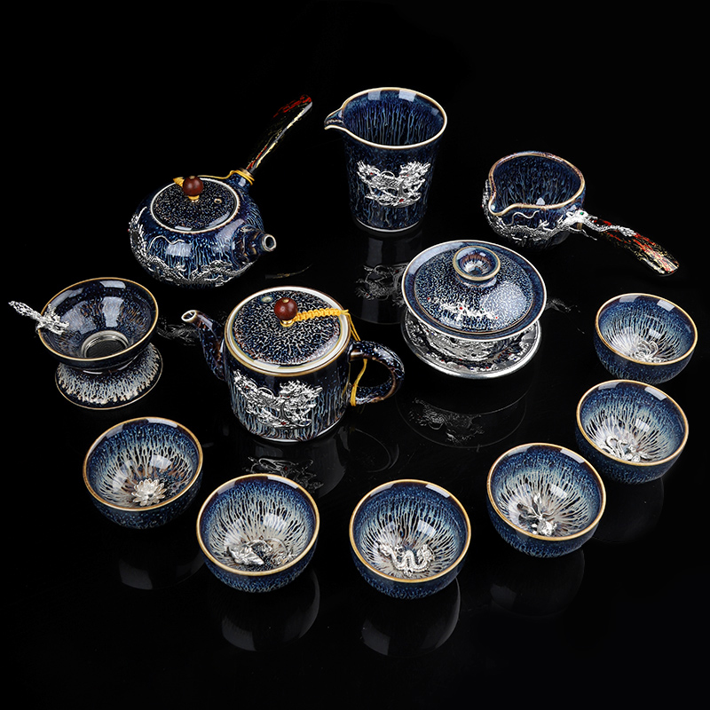 Kung fu tea set suit household up temmoku glaze up of a complete set of Chinese ceramic cup lid bowl masterpieces