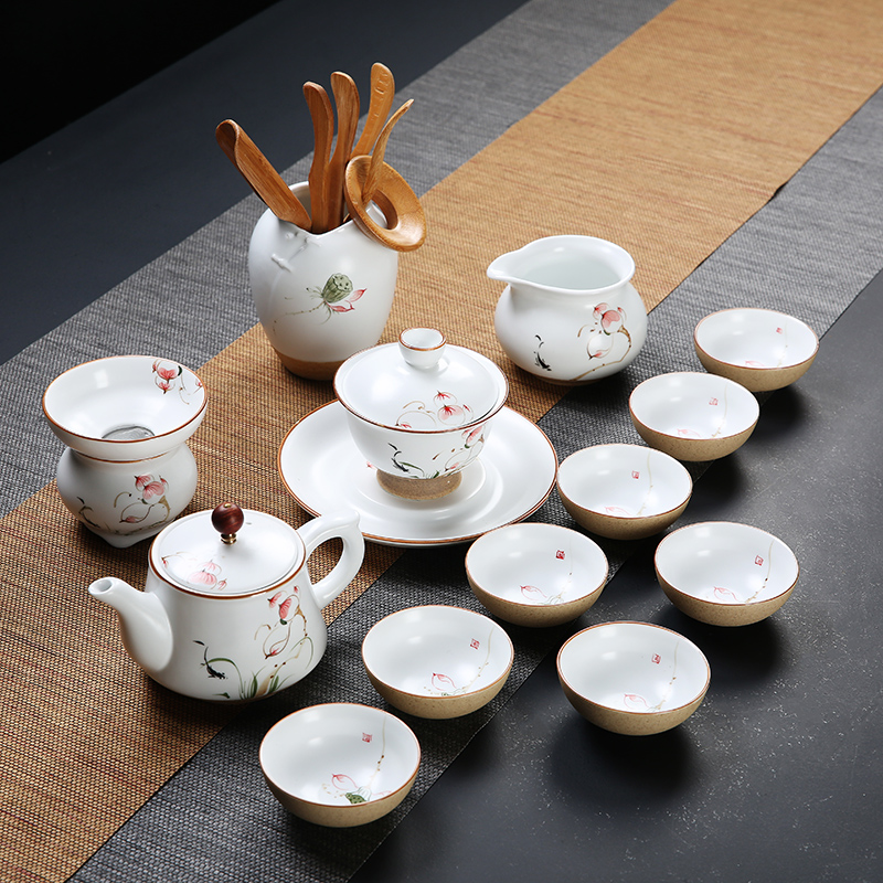 Dehua kung fu tea set suit household contracted 6 only hand - made ceramic cup lid bowl of tea set
