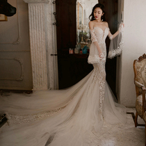 Fishtail light main wedding dress 2021 new temperament bride forest department retro long-sleeved French starry summer small tail