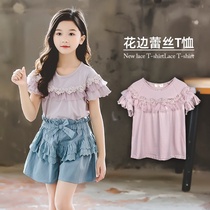 Girl Short Sleeve T-shirt 2022 New Summer CUHK Child Super-Ocean Lace Floral Lace Children Pure Cotton Blouse Summer Dress