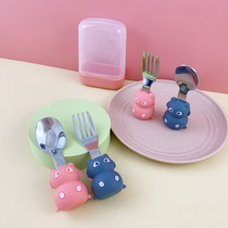 Baby learn to eat training spoon silicone short handle infant food supplement spoon fork set 1 year old 316 stainless steel