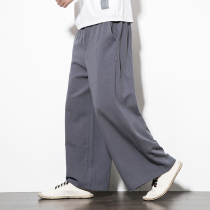 Chinese style mens linen pants loose cotton linen wide leg pants skirt retro large size Haren pants spring and summer straight mens pants