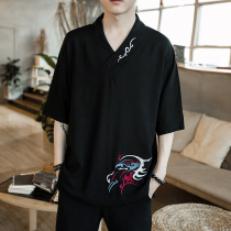 Chinese style Tang suit improved Hanfu embroidery linen mens summer Chinese cotton short-sleeved young mens national clothing