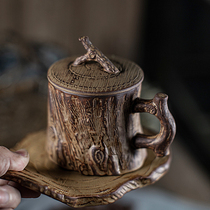Yun Kiln handmade coarse pottery coffee cup personality with handle coffee mug Creative retro pull flower cup Japanese style