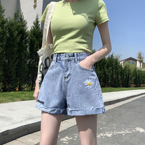 Little Daisy denim shorts womens 2020 Summer new loose students high waist thin a wide leg roll hot pants