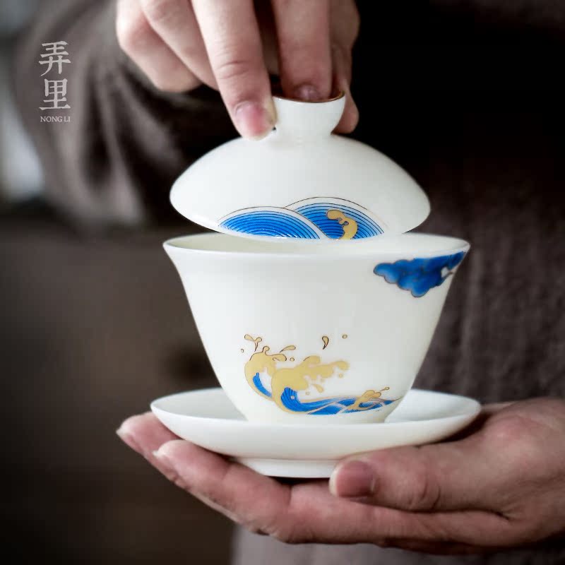 Make waves in the white porcelain tea set household contracted kung fu tea pot of a complete set of ceramic tea tureen jade porcelain cups