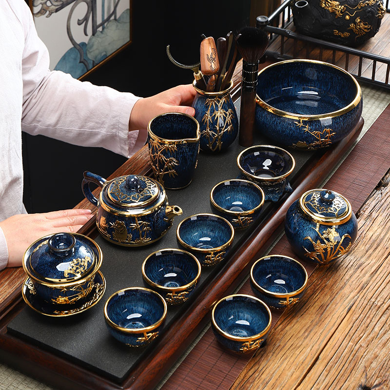 Implement the optimal product jingdezhen kung fu tea set an inset jades built lamp temmoku lid bowl cups Chinese gifts