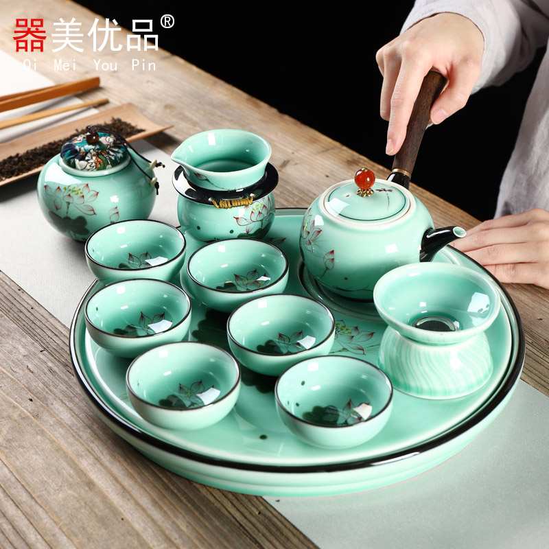Implement the optimal product of jingdezhen ceramic hand - made lotus office tea set receives celadon kung fu tea cups