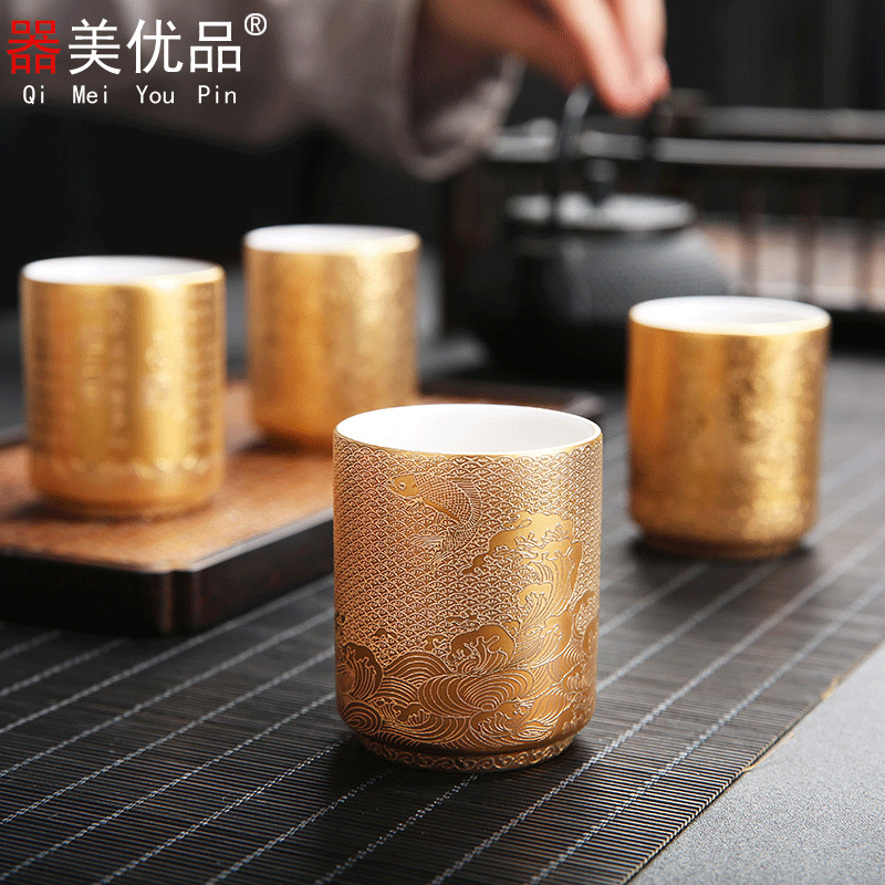 Implement the restoring ancient ways is superior ceramic cups masters cup single sample tea cup gold gilded embossed checking tea tea set