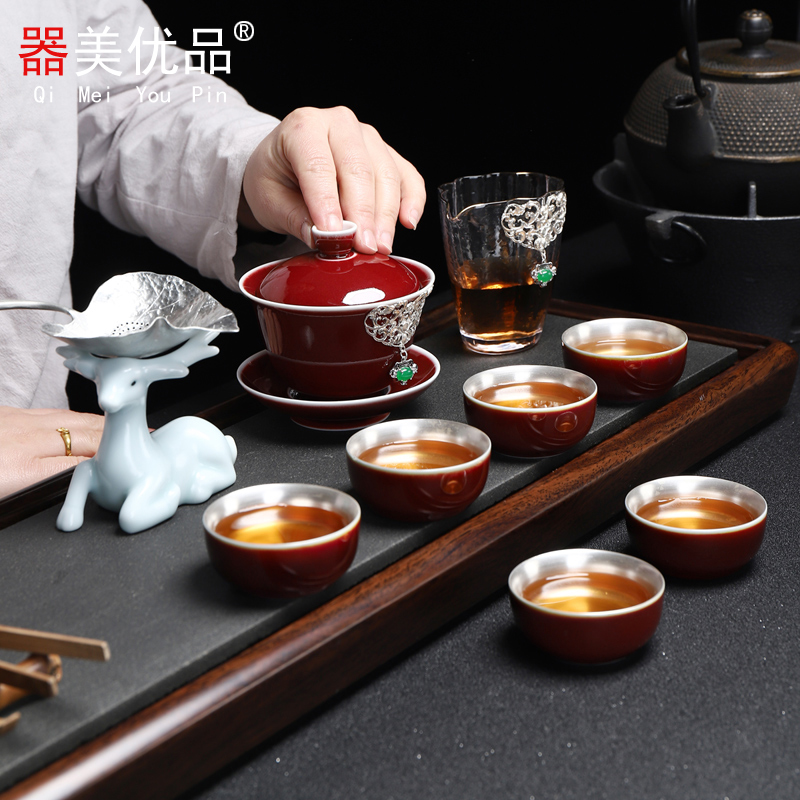 Jingdezhen is the best product with silver tea set suit creative ceramic coppering. As kung fu tea teapot tea cups