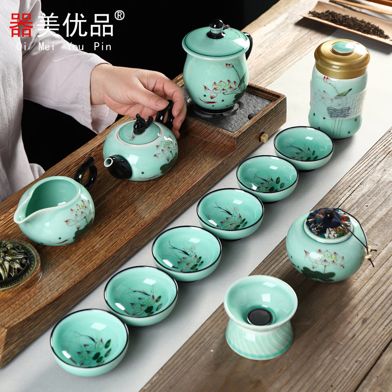 Implement the optimal product celadon hand - made teacup teapot ceramic household of Chinese style kung fu tea set gift box of a complete set of suits for