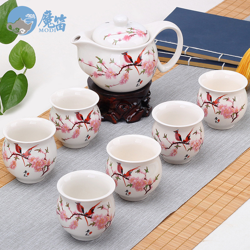 The flute tea set ceramic prevent hot double CPU kung fu tea cup Chinese blue and white porcelain teapot household contracted