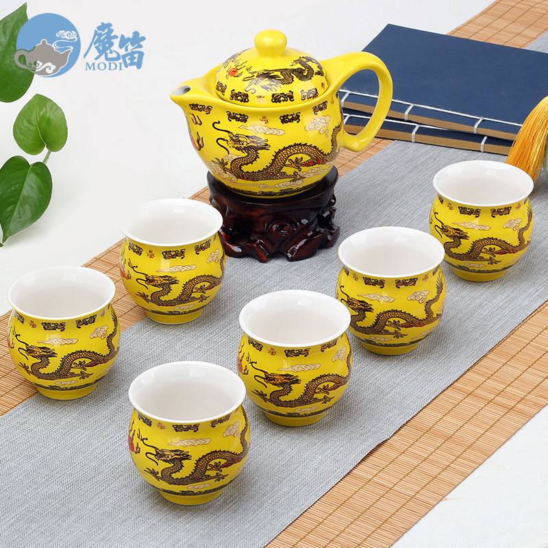 The flute tea set ceramic prevent hot double CPU kung fu tea cup Chinese blue and white porcelain teapot household contracted