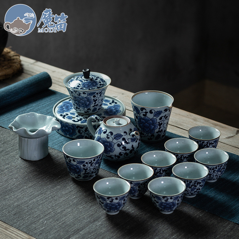 Flute antique blue and white porcelain tea set suit household kung fu tea tureen teapot three didn 't use office use