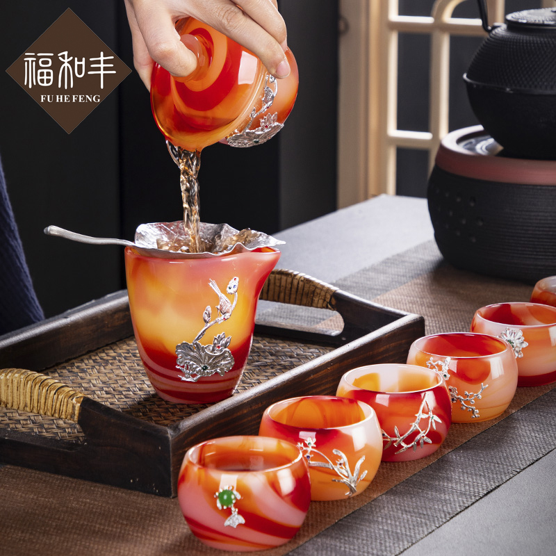 F belong with silver agate jade porcelain kung fu tea set creative "bodhi GaiWanCha sea cups household gift box