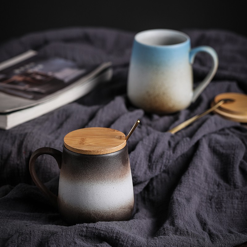 Japanese style restoring ancient ways mark cup with cover spoon coffee cup couples contracted personalization ceramic cup cup men 's and women' s cup