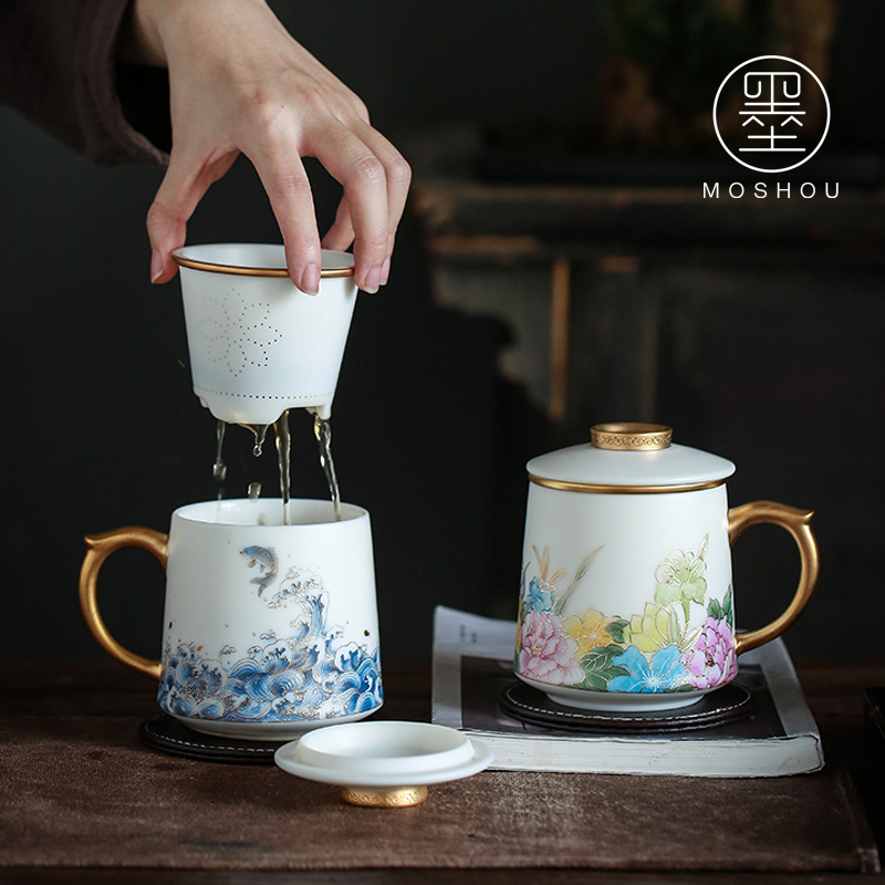 By dehua white porcelain cup By hand the see colour separation ceramic tea office cup with cover filter tea cup