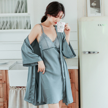 Ice Silk Pyjamas Woman Spring Autumn With Chest Cushion Sexy Harnesses Real Silk Sleeping Gown Lady Summer Thin silk sleeping dress suit