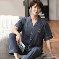 Pajamas men cotton summer thin men summer short sleeve trousers cotton large size teenagers home clothing set