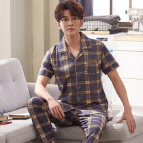 Cotton pajamas mens summer thin short sleeve trousers summer youth Korean students cotton mens home clothing set