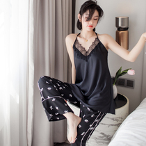 Sexy pajamas female summer ice silk thin two-piece set summer silk lace suspender nightgown 2020 New