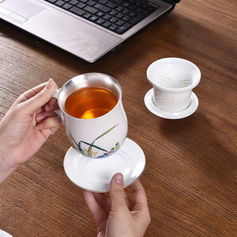 Creative ceramic cup silver cup silver 999 bladder office tea cups with cover personal tea cup