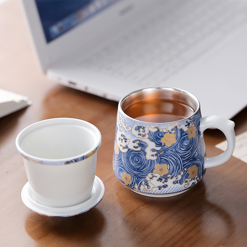 Jingdezhen silver cup 999 sterling silver colored enamel porcelain cup tea separation cup personal office cups with cover