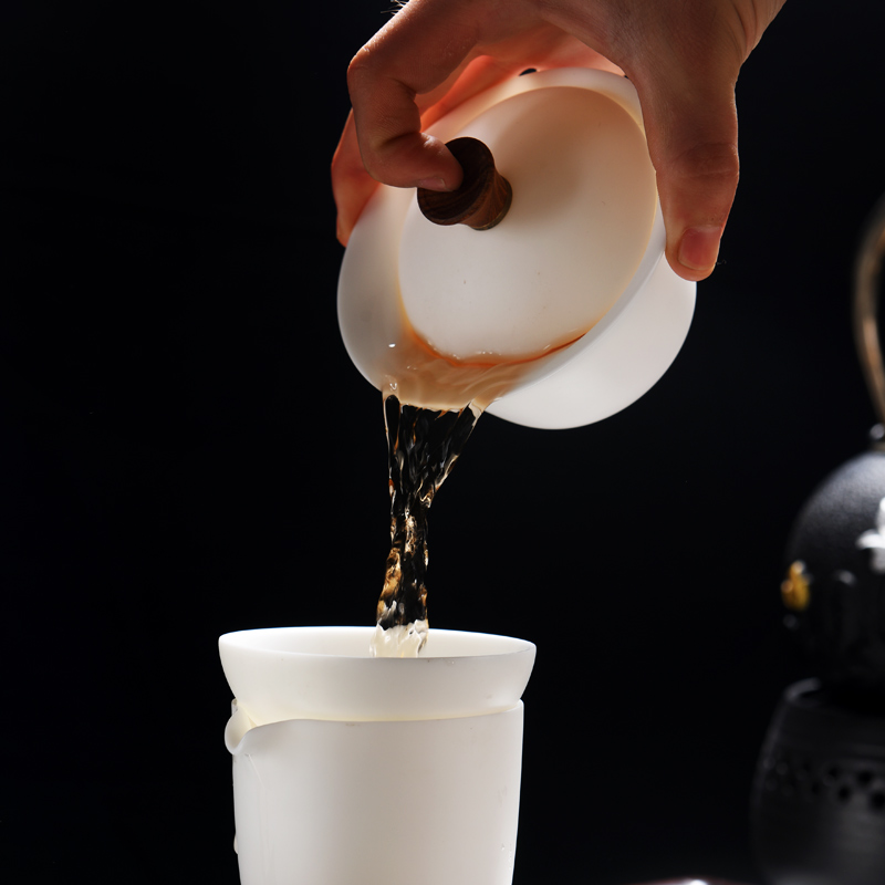 Dehua white porcelain ceramic checking tea tureen three cups to bowl bowl suet jade kung fu tea tea tureen
