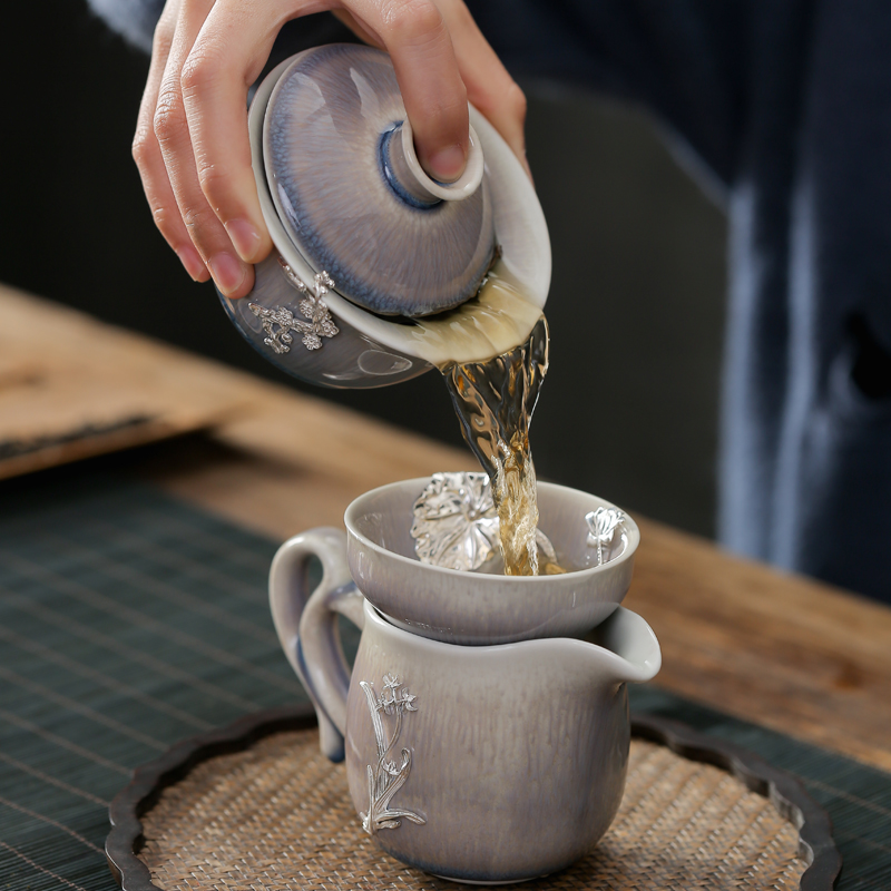 Jingdezhen 矅 become silver red glaze, tea sets 999 sterling silver, the home office of a complete set of kung fu tea tureen