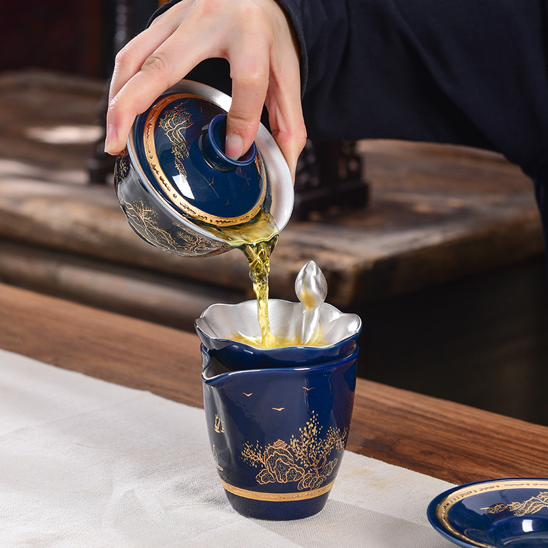 Jingdezhen porcelain enamel coppering. As silver tea set household kung fu with silver cup lid bowl of a complete set of gift box