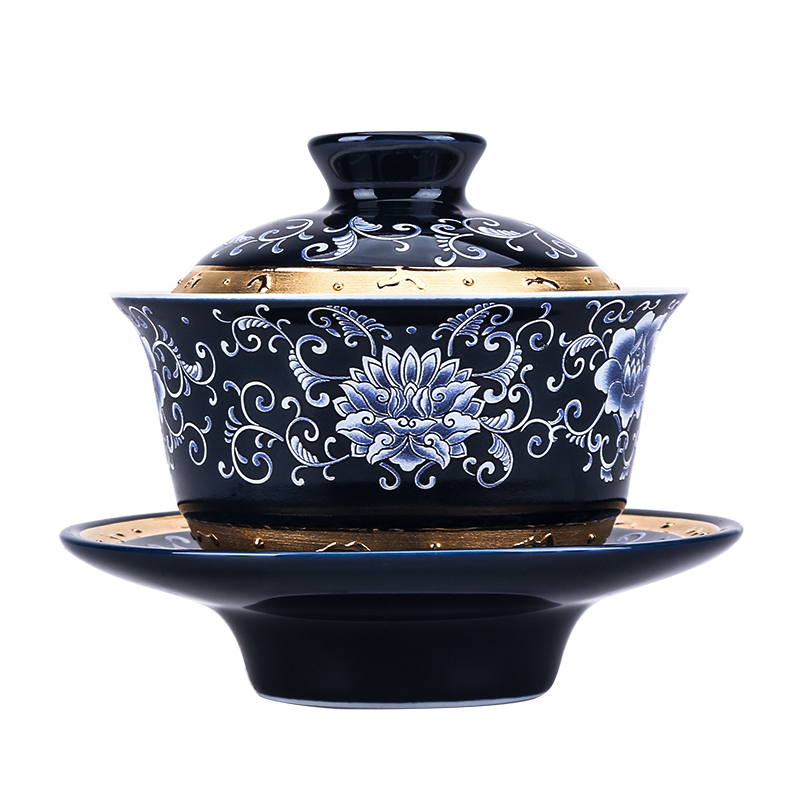 Jingdezhen porcelain tea tasted silver tureen silver gilding 999 ceramic three kung fu tea bowl covered bowl bowl is large