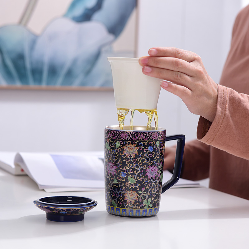 Jingdezhen colored enamel glass tea cup home office with cover filter personal special tea cup silver cup