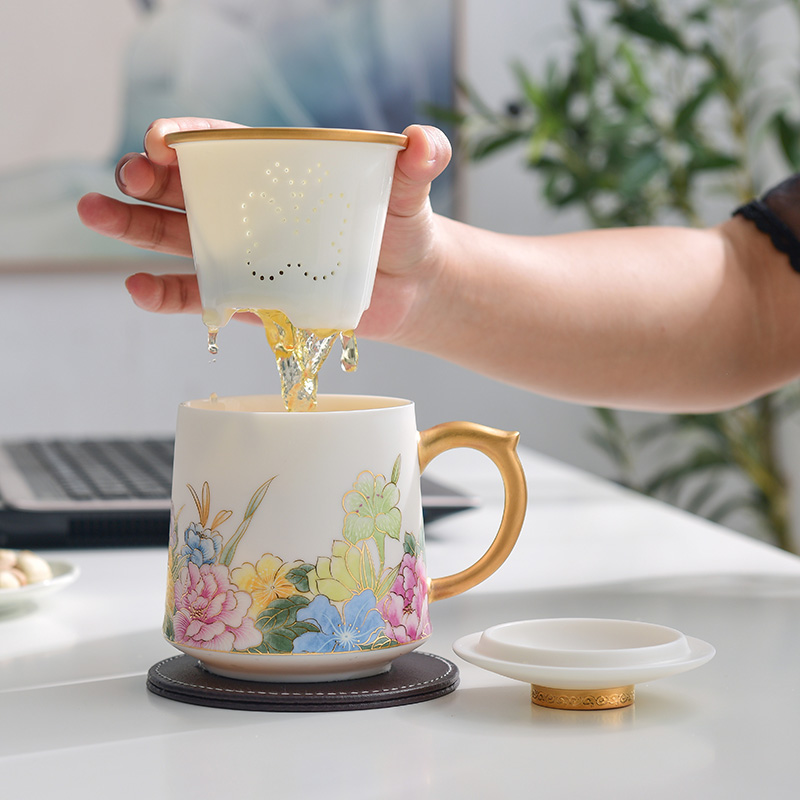 Dehua white porcelain teacup separation suet jade glass tea cup cup tea cups with cover ceramic creative office