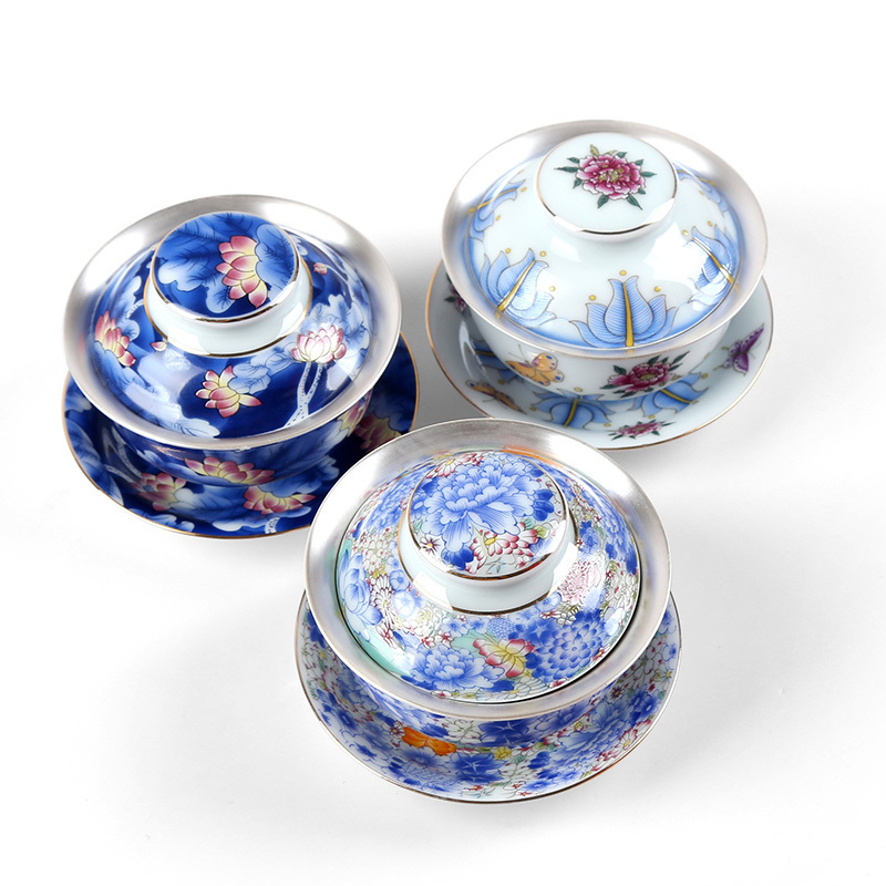 Jingdezhen ceramic tasted silver gilding silver tea set sterling silver 999 authentic kung fu three tureen tea cups large household