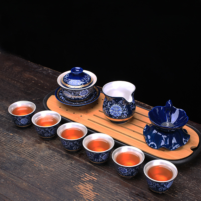 Jingdezhen porcelain tea tasted silver tureen silver gilding 999 ceramic three kung fu tea bowl covered bowl bowl is large
