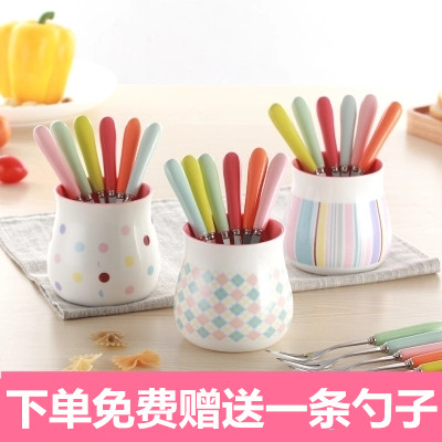 Tong baiyi creative lovely fruit fork ceramic color stainless steel tridentate dessert fork suits for dessert fork