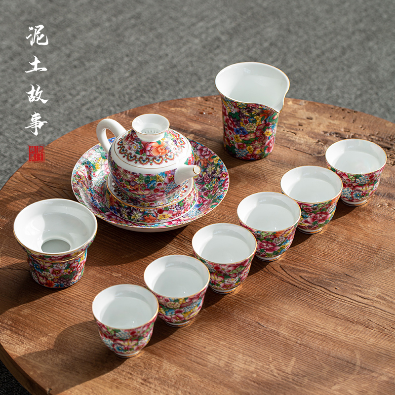 Colored enamel kung fu tea set suit household contracted tea ceramic pot of a complete set of modern high - end gift box with a gift