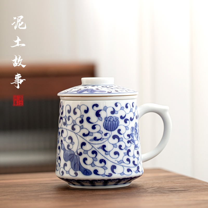 Jingdezhen blue and white porcelain cup with cover glass ceramic mugs domestic large capacity office personal cup