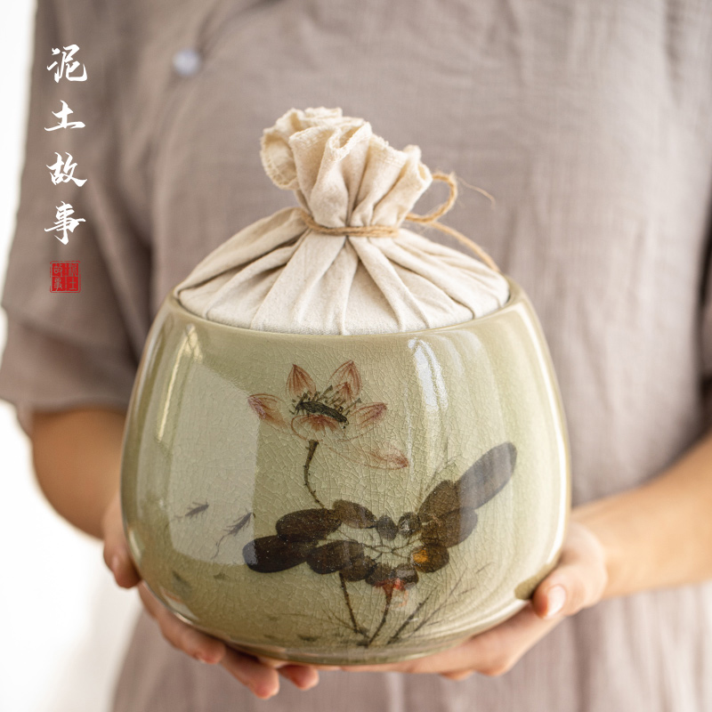 Jingdezhen hand - made ceramic tea lotus home seal pot receives large pack loose tea store tea set