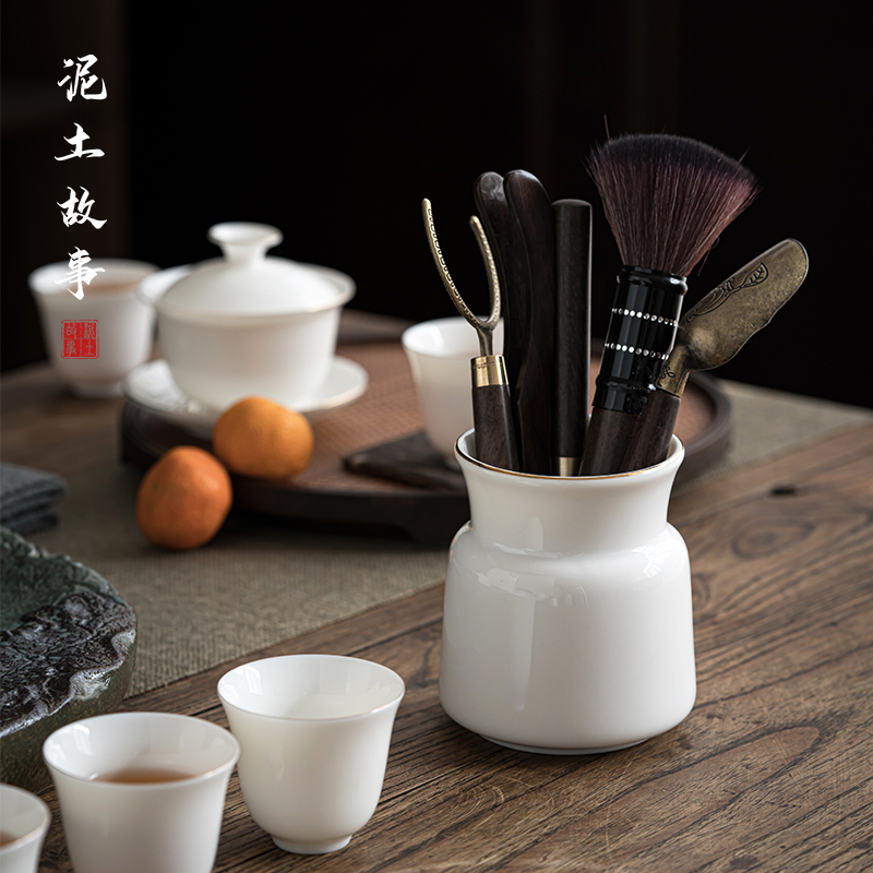 Suet jade white porcelain tea six gentleman ceramic household single brush pot ebony ChaGa kung fu tea accessories